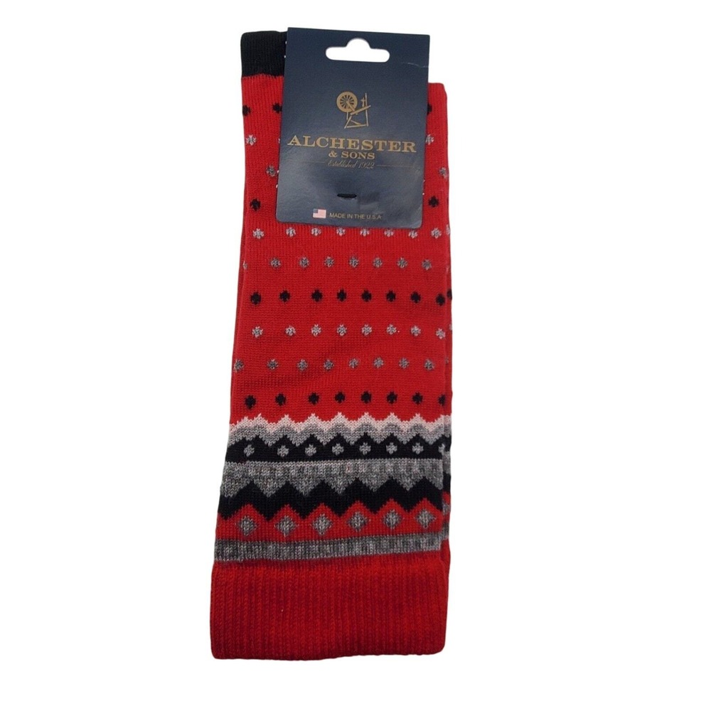 Red Fair Isle Merino Wool Crew Socks Mens Large Alchester Telluride Black‎ Dress